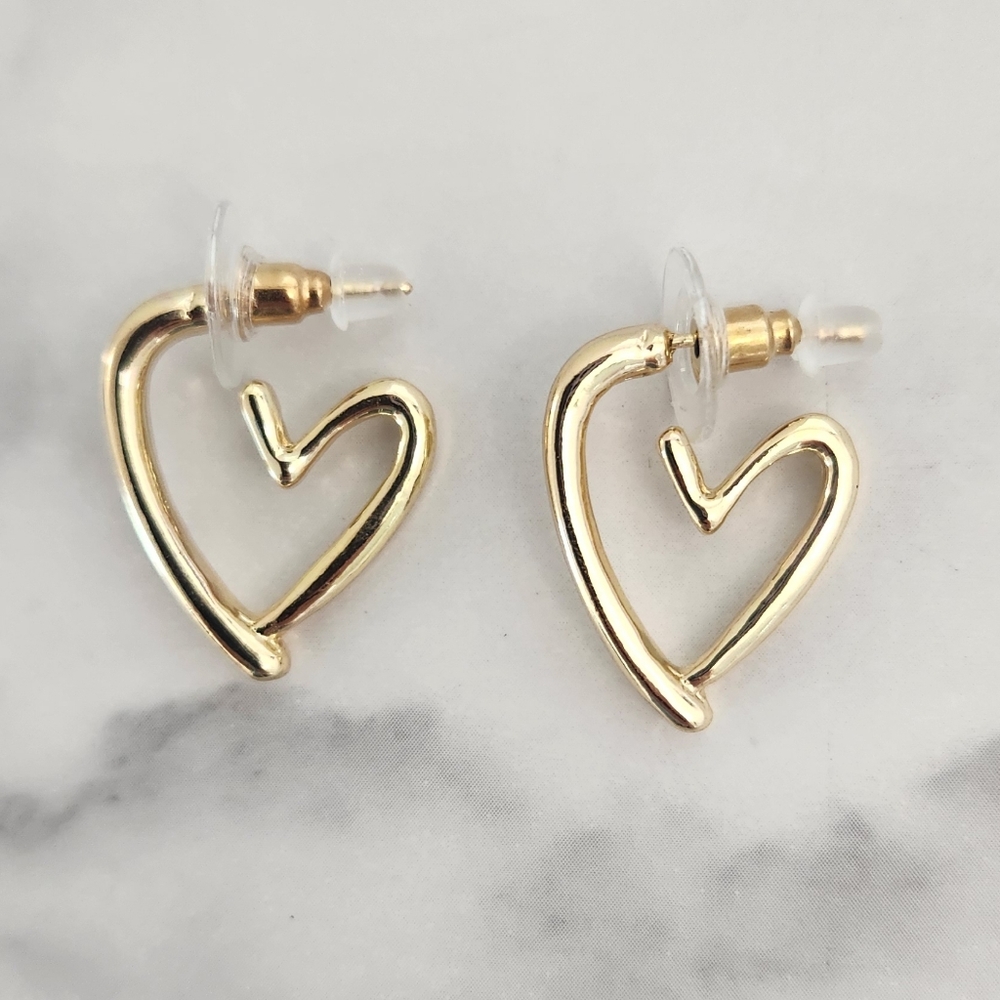 Gold Open Heart Hoop Earrings Modern Abstract Chunky Statement - Picture 3 of 9
